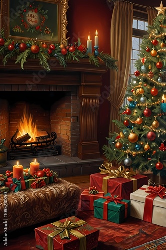 christmas tree with fireplace and gifts