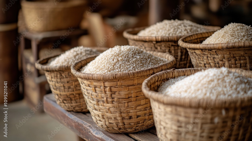 Asian Rice Harvest Woven Baskets Filled with Grains Asian Rice Harvest Woven Baskets Filled with Grains