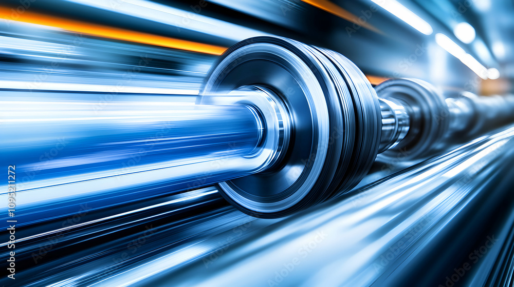 High-speed industrial machinery, close-up view of rotating rollers and metal shafts, dynamic motion blur effect, blue and metallic tones, abstract industrial background.