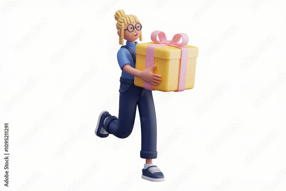 A 3D rendered girl happily carries a large yellow gift box with a pink ribbon. A 3D rendered girl happily carries a large yellow gift box with a pink ribbon.