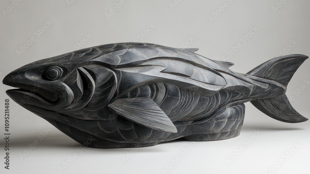 Intricate dark wood carving of a fish.