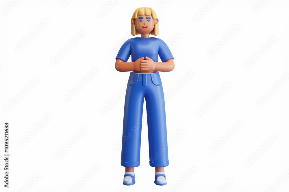 Fototapeta premium A 3D cartoon woman with blonde hair wearing blue clothes stands with hands clasped.