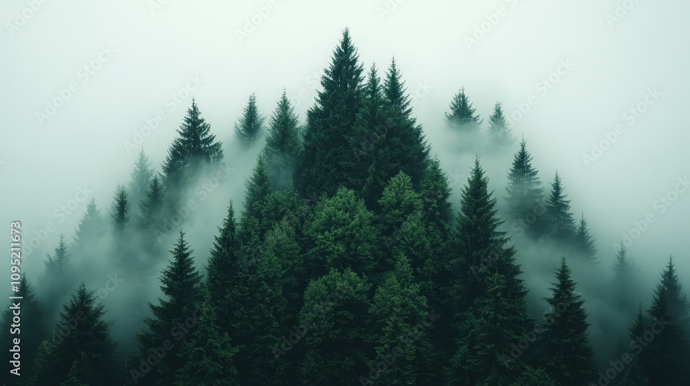 Fototapeta premium Mystical Foggy Forest Evergreen Trees Nature Landscape