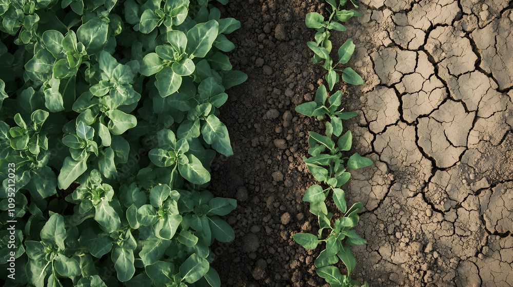 Split image of green crops beside cracked soil, illustrating droughta??s impact on agriculture. high quality image Split image of green crops beside cracked soil, illustrating droughta??s impact on agriculture. high quality image