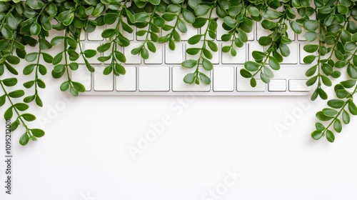 Wallpaper Mural White Keyboard with Greenery Nature Office Decor Eco Friendly Workspace Torontodigital.ca