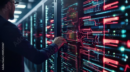 Cloud service storage concept.A person interacts with a high-tech server, showcasing vibrant data visualizations and a modern digital environment.