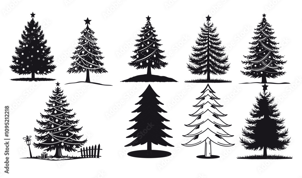 Fototapeta premium Christmas Tree set Icons, Silhouette Christmas tree silhouette vector illustration on white background.