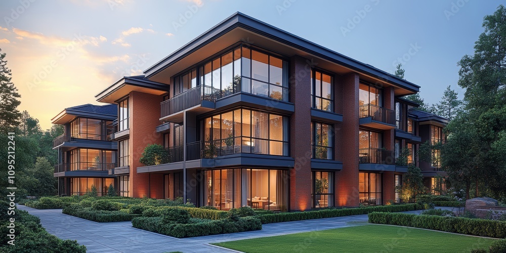 A modern apartment complex with multiple stories, surrounded by lush greenery, showcasing a blend of contemporary design and natural elements at dusk A modern apartment complex with multiple stories, surrounded by lush greenery, showcasing a blend of contemporary design and natural elements at dusk