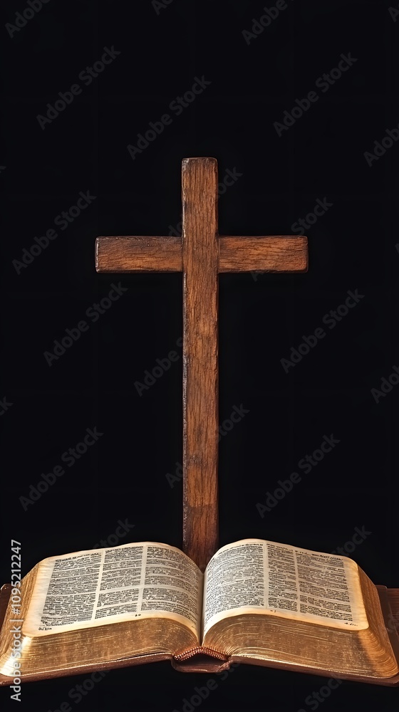 A wooden cross is placed on an open Bible, symbolizing the power of God's word and His grace in our lives A wooden cross is placed on an open Bible, symbolizing the power of God's word and His grace in our lives