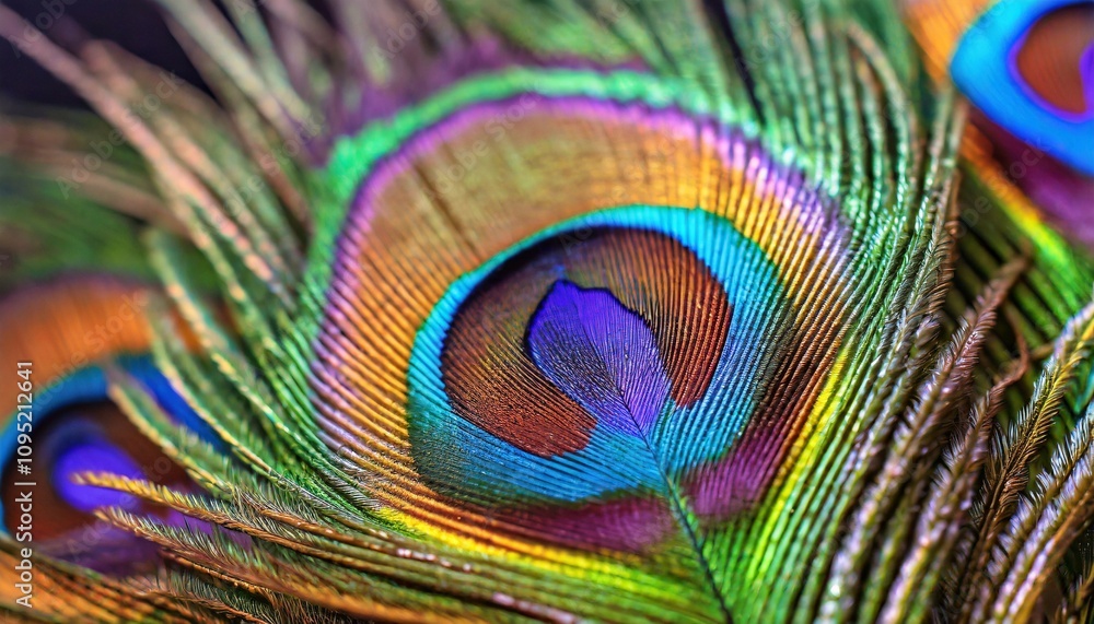 Naklejka premium Close-up intricate details of a coloful peacock feather