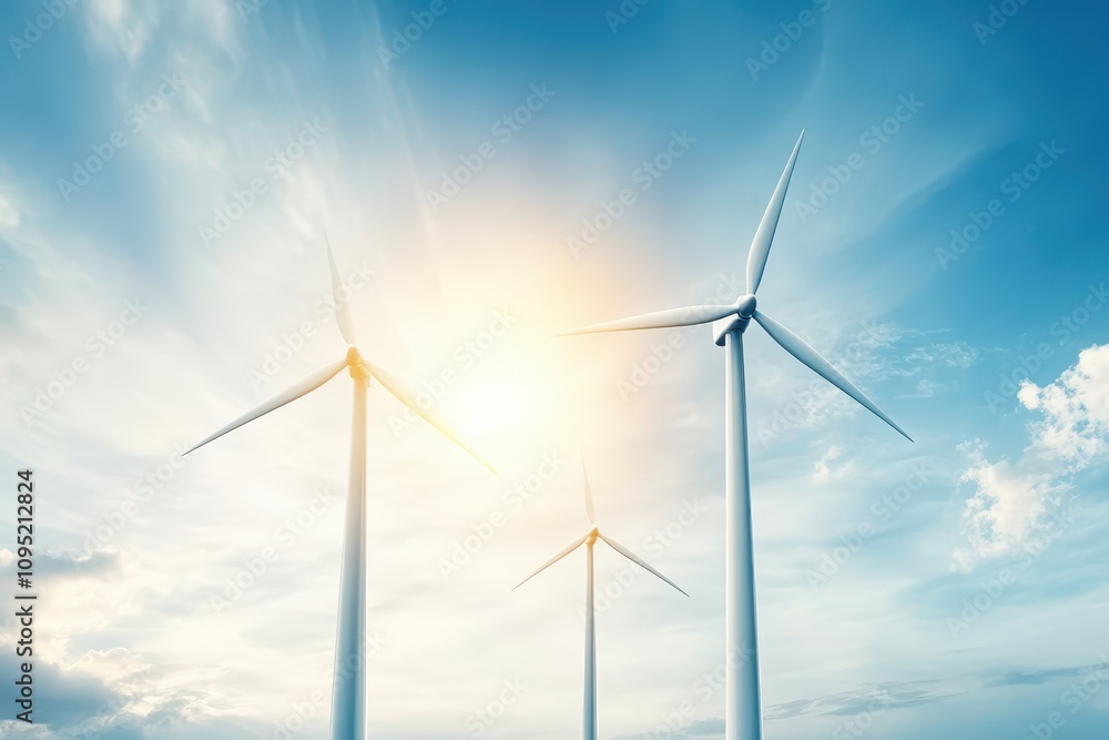 Wind turbines against a clear sky harness clean energy with sunlight. Renewable energy concept illustrating sustainability and innovation. Wind turbines against a clear sky harness clean energy with sunlight. Renewable energy concept illustrating sustainability and innovation.
