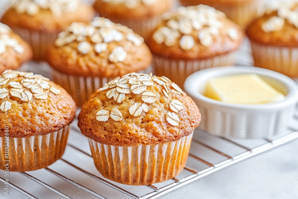 National Oatmeal Muffin Day batch of oatmeal muffins arranged on a cooling rack, with a sprinkle of oats on top and a side of melted butter in a small dish, December 19 National Oatmeal Muffin Day batch of oatmeal muffins arranged on a cooling rack, with a sprinkle of oats on top and a side of melted butter in a small dish, December 19