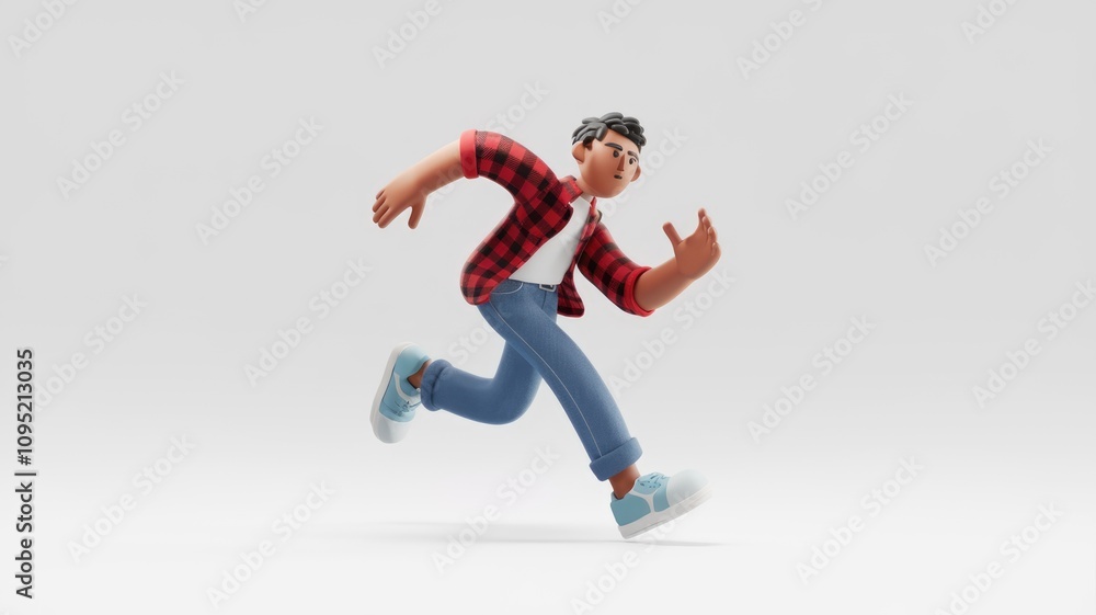 A 3D cartoon man in a red plaid shirt and blue jeans is running energetically. A 3D cartoon man in a red plaid shirt and blue jeans is running energetically.