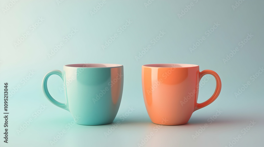 Two coffee mugs in contrasting colors displayed on a plain white background. high quality image Two coffee mugs in contrasting colors displayed on a plain white background. high quality image