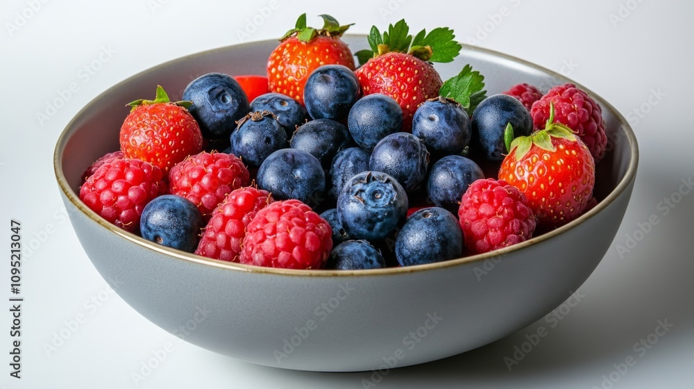 A Vibrant Bowl of Juicy and Fresh Berries Showcasing Glistening Red Strawberries, Ripe Blueberries, and Plump Raspberries in a Modern Dish A Vibrant Bowl of Juicy and Fresh Berries Showcasing Glistening Red Strawberries, Ripe Blueberries, and Plump Raspberries in a Modern Dish