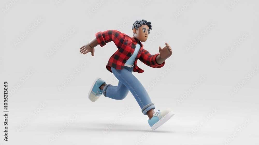 A 3D rendered cartoon man in a red plaid shirt and jeans is running energetically. A 3D rendered cartoon man in a red plaid shirt and jeans is running energetically.