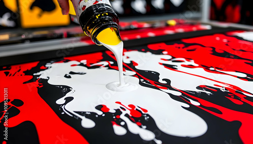 Abstract art creation process; white paint being poured onto a red and black canvas, close-up view. photo