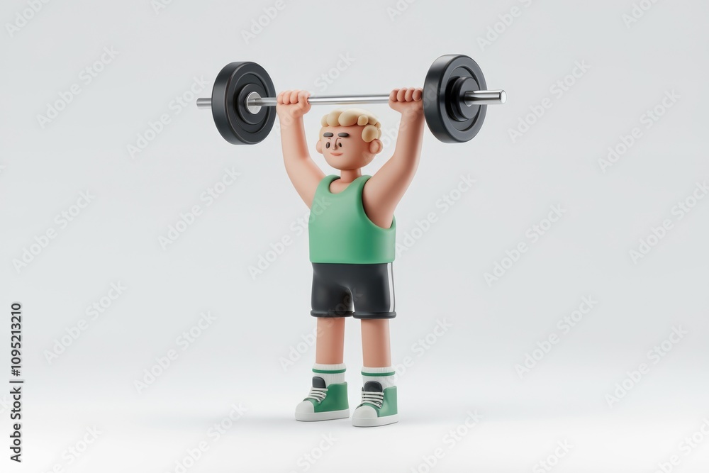 A 3D cartoon man performs overhead barbell press showcasing strength and fitness. A 3D cartoon man performs overhead barbell press showcasing strength and fitness.