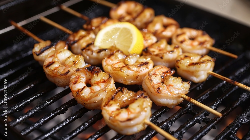 Juicy Grilled Shrimp Skewers with Lemon Slices on Hot Grill Creating Delicious Summer BBQ Vibes and Flavorful Seafood Delicacy Ideal for Outdoor Cooking Events Juicy Grilled Shrimp Skewers with Lemon Slices on Hot Grill Creating Delicious Summer BBQ Vibes and Flavorful Seafood Delicacy Ideal for Outdoor Cooking Events