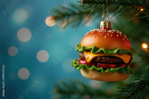 Close up of a burger shaped ornament hanging on a christmas tree with out of focus bokeh lights in the background