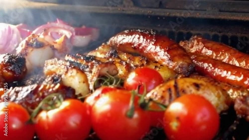 4K Close-Up of Grilled Meats and Vegetables with Cinematic Lighting and Smoky Textures on the Grill