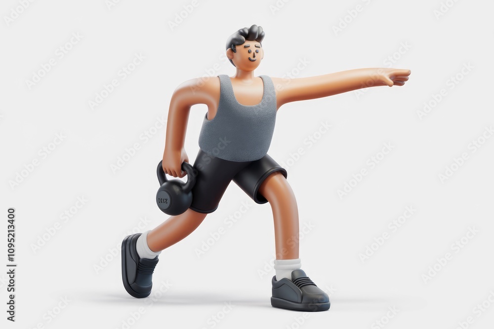 A 3D cartoon man performs a kettlebell lunge exercise showcasing strength and fitness. A 3D cartoon man performs a kettlebell lunge exercise showcasing strength and fitness.