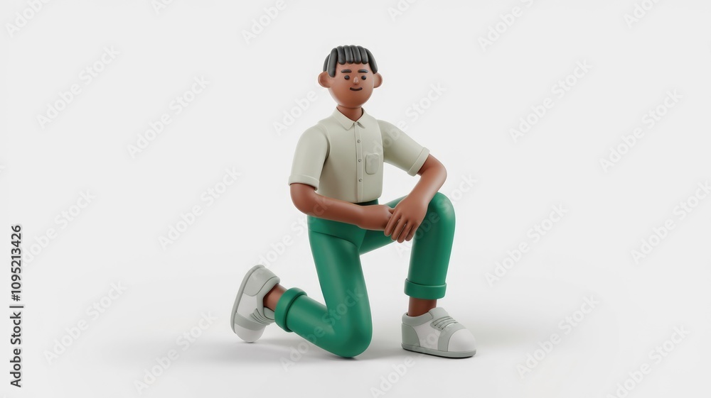 A 3D rendered cartoon boy kneels wearing a beige shirt and teal pants. A 3D rendered cartoon boy kneels wearing a beige shirt and teal pants.