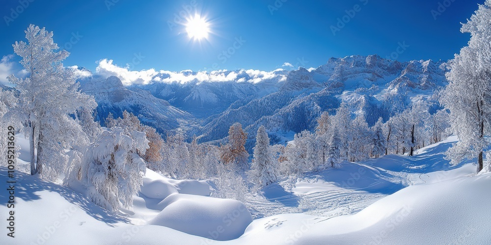 Fototapeta premium A breathtaking winter scene depicting a pristine snow-covered landscape with frosty trees, majestic mountains, and a radiant sun in an azure sky