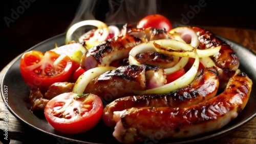 360-Degree Rotation of Grilled Sausages, Onions, and Tomatoes on Platter with Cinematic Side Lighting