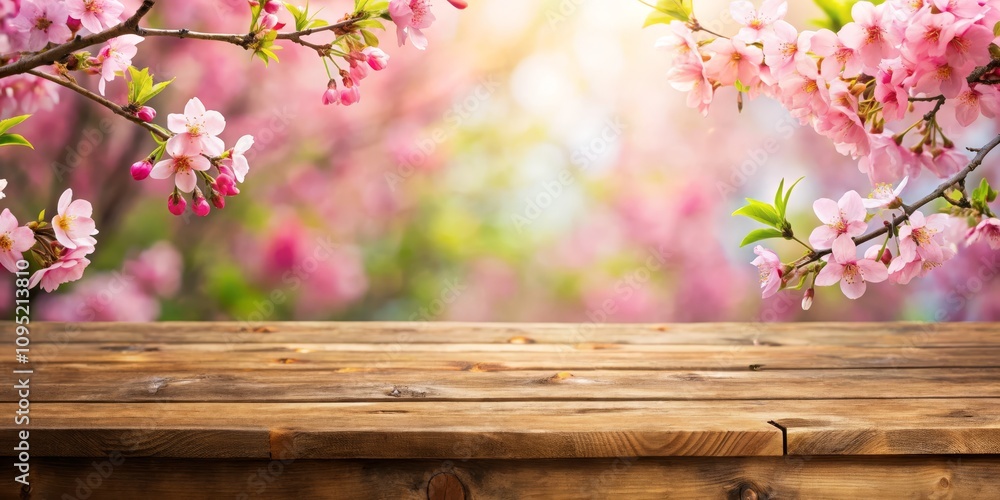Wooden Tabletop with Spring Blooming Cherry Blossoms, Spring , Cherry Blossom Wooden Tabletop with Spring Blooming Cherry Blossoms, Spring , Cherry Blossom