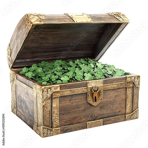 An ornate treasure chest overflowing with lush green leaves, symbolizing growth and abundance.