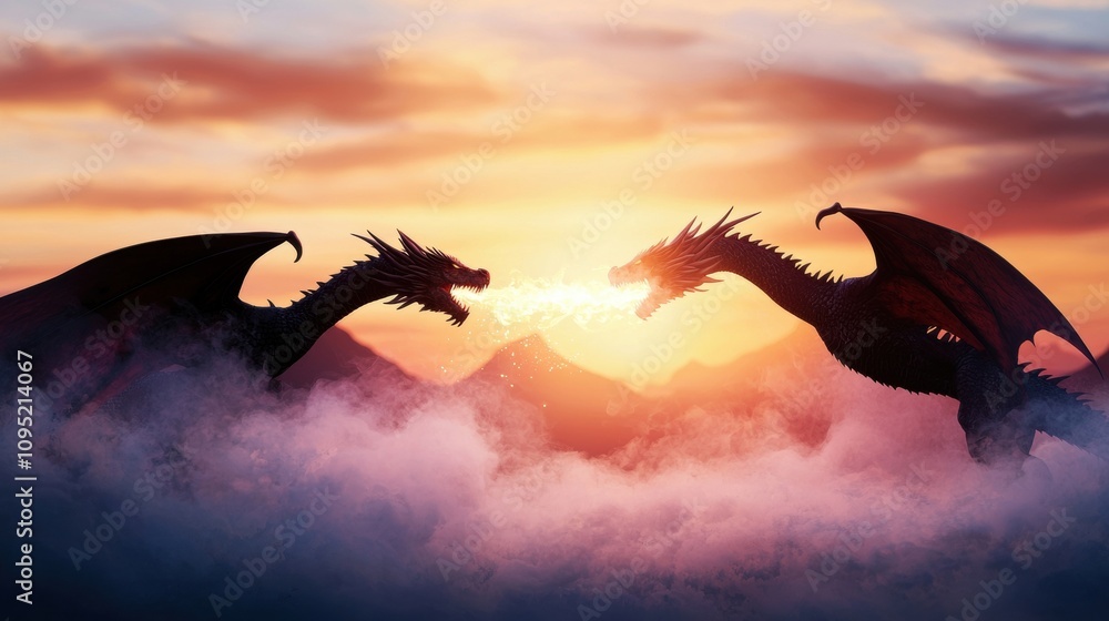 Fototapeta premium Fantasy Dragons Two dragons engaged in an epic aerial battle, their fiery breath clashing amidst a backdrop of towering mountains and a fiery sunset.