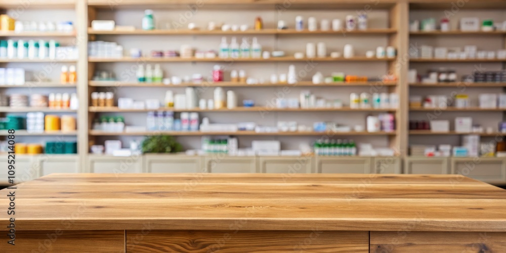 Wooden Countertop with Blurred Pharmacy Shelves, pharmacy , shelves Wooden Countertop with Blurred Pharmacy Shelves, pharmacy , shelves