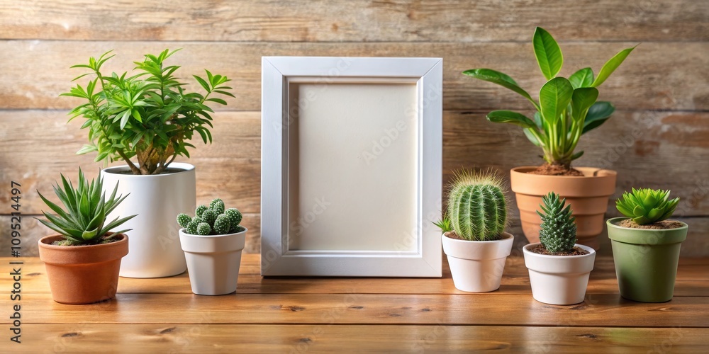 White Frame Mockup with Plants on Wooden Table, frame mockup, plant decor White Frame Mockup with Plants on Wooden Table, frame mockup, plant decor