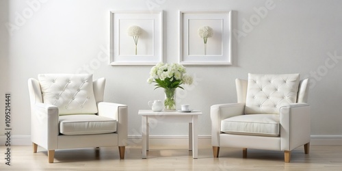 White Interior Design with Two Armchairs and Flower Arrangement, Interior Design, Minimalism