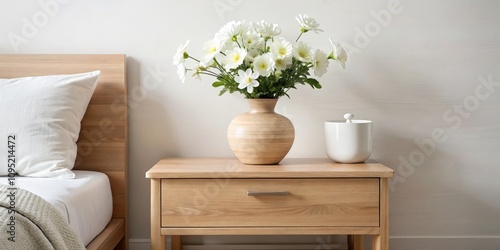 Wallpaper Mural White Flowers in a Wooden Vase on a Nightstand, bedroom decor, interior design ,bedroom decor Torontodigital.ca