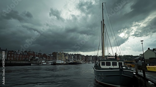 Dark and Overcast Sky with Gloomy Clouds Reflecting Threatening Rain Over a Calm Waterscape and Docked Boats in a Coastal Town