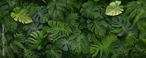 A dense arrangement of vibrant green leaves and ferns.