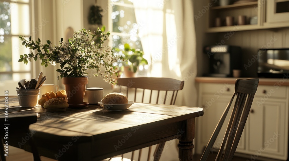 Obraz premium A Rustic Kitchen Table Setting with Blooming Flowers and Sunlight