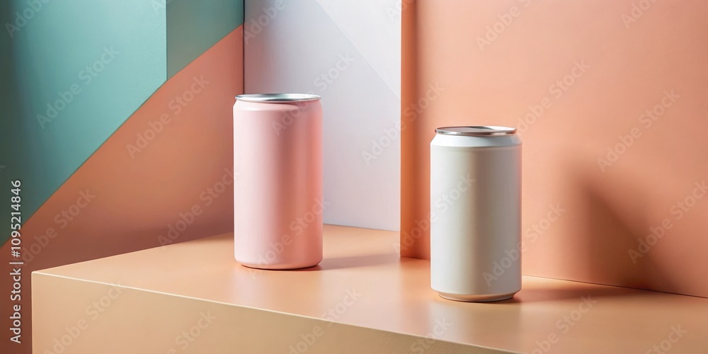 Two Aluminum Cans on a Pastel Minimalist Background, Product Mockup ,Minimalist, Cans Two Aluminum Cans on a Pastel Minimalist Background, Product Mockup ,Minimalist, Cans