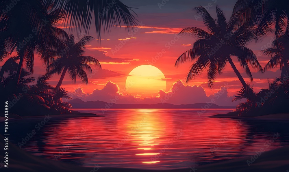 Illustrate a tranquil scene where the sunset’s warm colors merge with the cool reflective tones of the water Illustrate a tranquil scene where the sunset’s warm colors merge with the cool reflective tones of the water