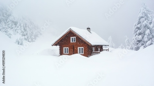 A Snow-Covered Cabin Awaits Amidst a Harsh Snowstorm, Surrounded by Majestic Mountains and Dense White Snowfall Creating a Serene Winter Wonderland