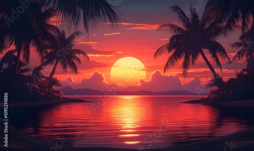 Illustrate a tranquil scene where the sunset’s warm colors merge with the cool reflective tones of the water