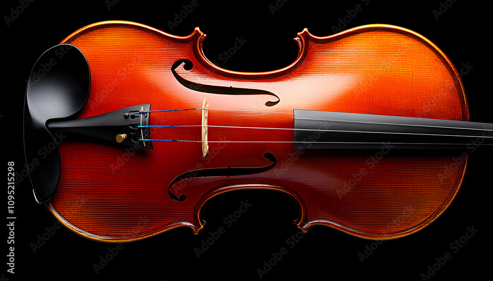 Fototapeta premium Exquisite detail of a handcrafted violin, showcasing its rich, polished wood and intricate craftsmanship against a stark black backdrop. Perfect for musical themes or artistic projects.