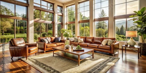 Sunlight Streaming Through Windows onto Leather Furniture in a Modern Living Room, interior design, home decor, living room