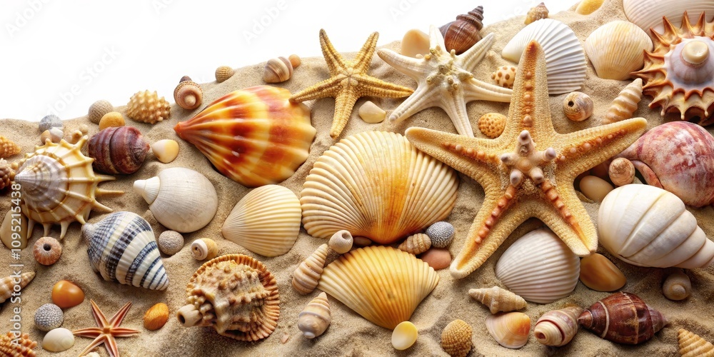 Seashells and Starfish on Sandy Beach, Seashells, Beach Decor Seashells and Starfish on Sandy Beach, Seashells, Beach Decor