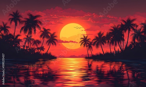 Illustrate a tranquil scene where the sunset’s warm colors merge with the cool reflective tones of the water