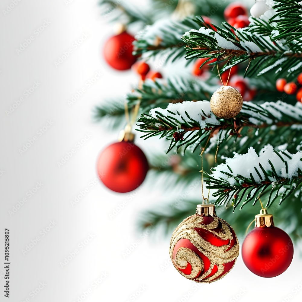 Fototapeta premium Realistic photo: Christmas decorations and arrangements, Christmas tree branches with toys, isolated on white and black background. 