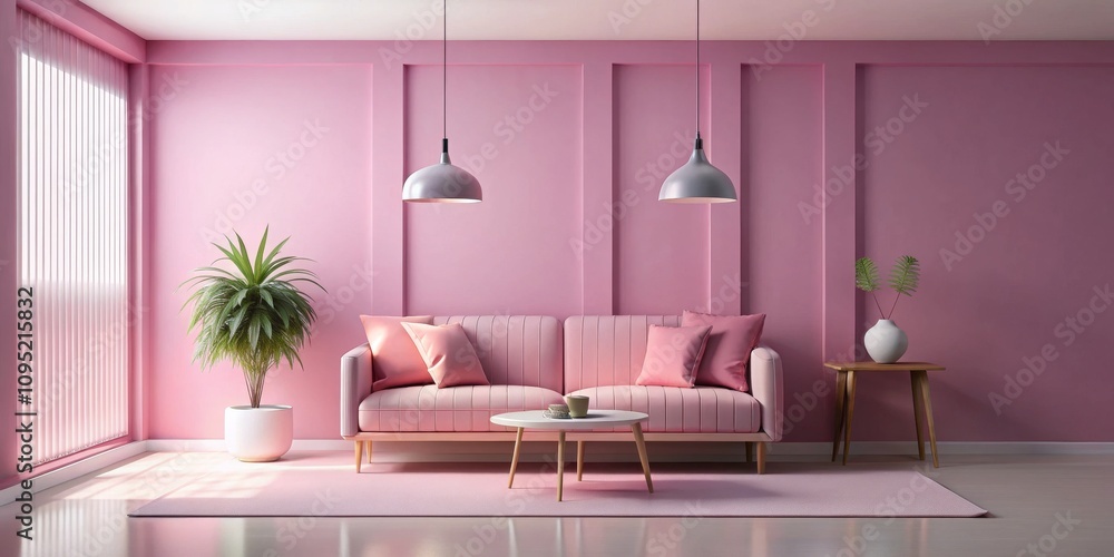 Fototapeta premium Pink Living Room Interior Design with Sofa, Rug and Pendant Lights, interior design , living room