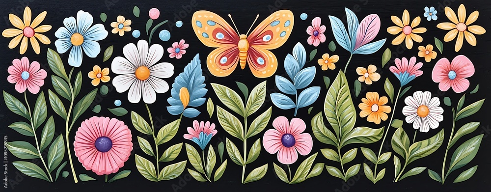 Fototapeta premium Vibrant flowers and butterfly in colorful design.